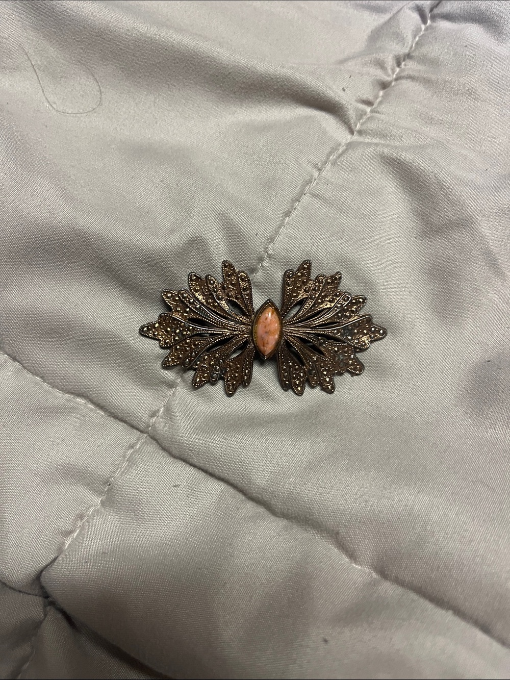 Vintage-Inspired Leaf Filigree Brooch with Pink Stone